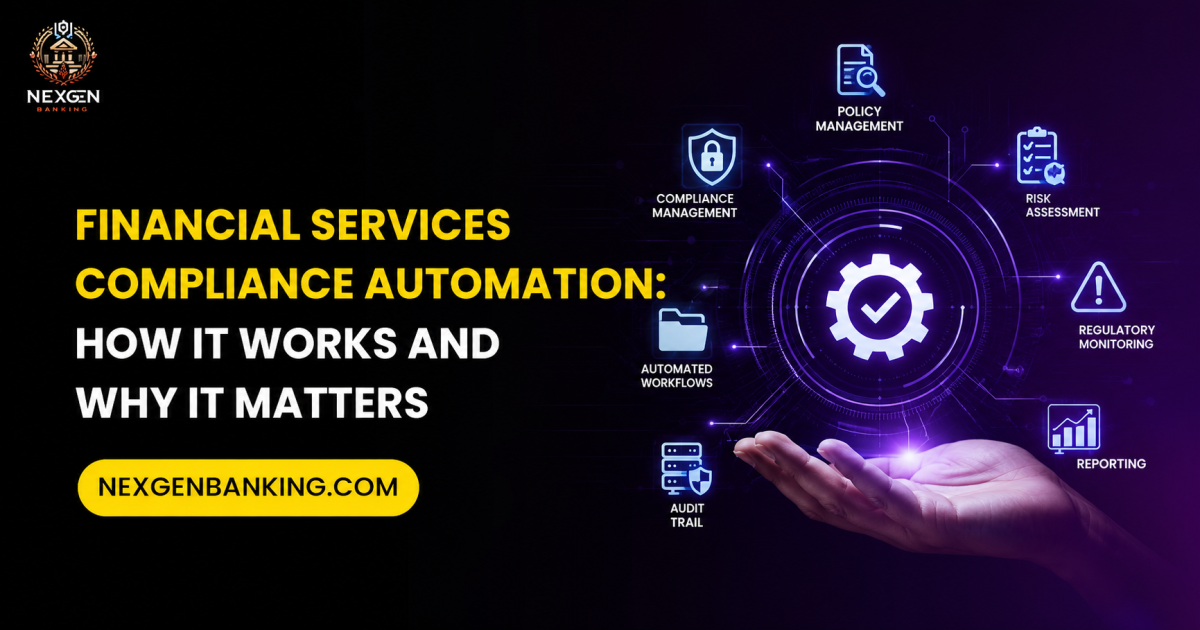 Financial services compliance automation infographic: policy management, risk assessment, audit trail